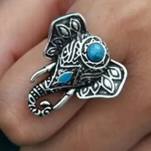 Bohemian Vintage Elephant Ring with Turquoise Accents - Adjustable Open Design